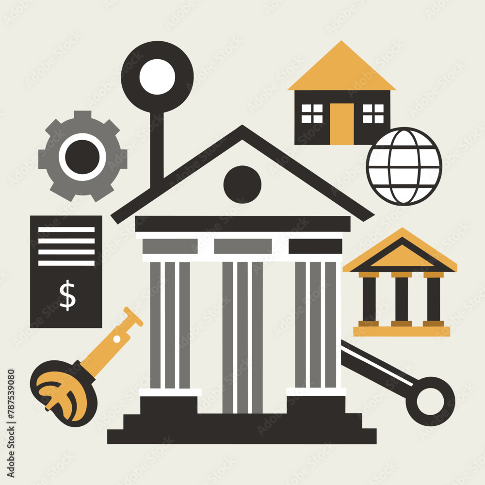 Poster a building surrounded by different objects and items from various categories, an abstract representa