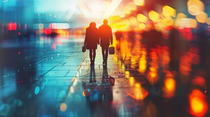 A couple of a man and woman walking down the street, AI - obrazy, fototapety, plakaty