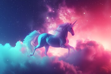 Obraz na płótnie Canvas Unicorn in clouds, fairy creature in pink sky