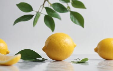 Fresh lemons with vibrant green leaves, a citrus fruit on a white surface