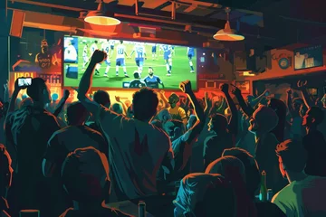 Fotobehang Dynamic atmosphere of a sports bar during a live match. The vibrant colors convey the excitement and passion of the crowd, silhouetted against the glow of multiple screens showcasing the ongoing game. © Peeradontax