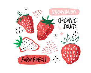 Strawberry set hand drawn doodle sketch isolated on white background. Vector Organic Food template for shop, diet concept, farmers market. Sketch illustration of healthy berry. Red strawberries.