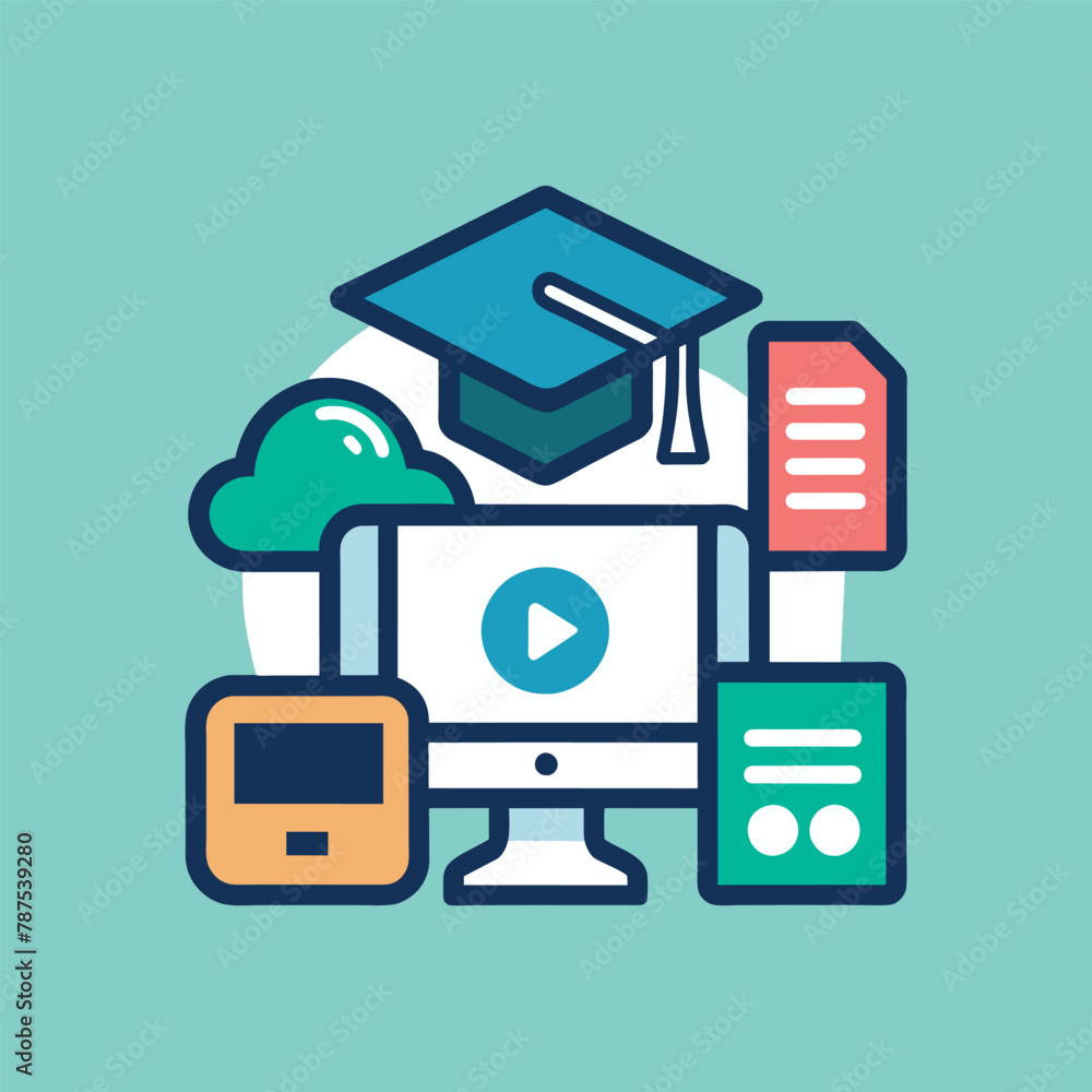 Poster a computer with a graduation cap placed on top symbolizing remote learning achievement, a modern and