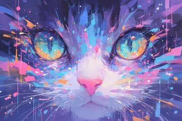 Colorful cat face with surrealistic elements, symmetrical composition