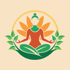 Woman in lotus position with leaves around her in a modern interpretation of interconnectedness, A modern interpretation of the interconnectedness of yoga and nature