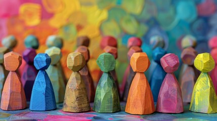 A group of wooden figurines are lined up in a row, AI