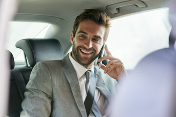 Businessman, phone call and smile in car seat for audio conversation, funny joke or good news in...