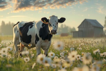 Beautiful cute cow on a green field with daisies, looking into the lens during sunset in summer.
