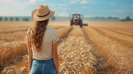  Farmer woman in field looking at combine harvester working on field. Agriculture concept - obrazy, fototapety, plakaty