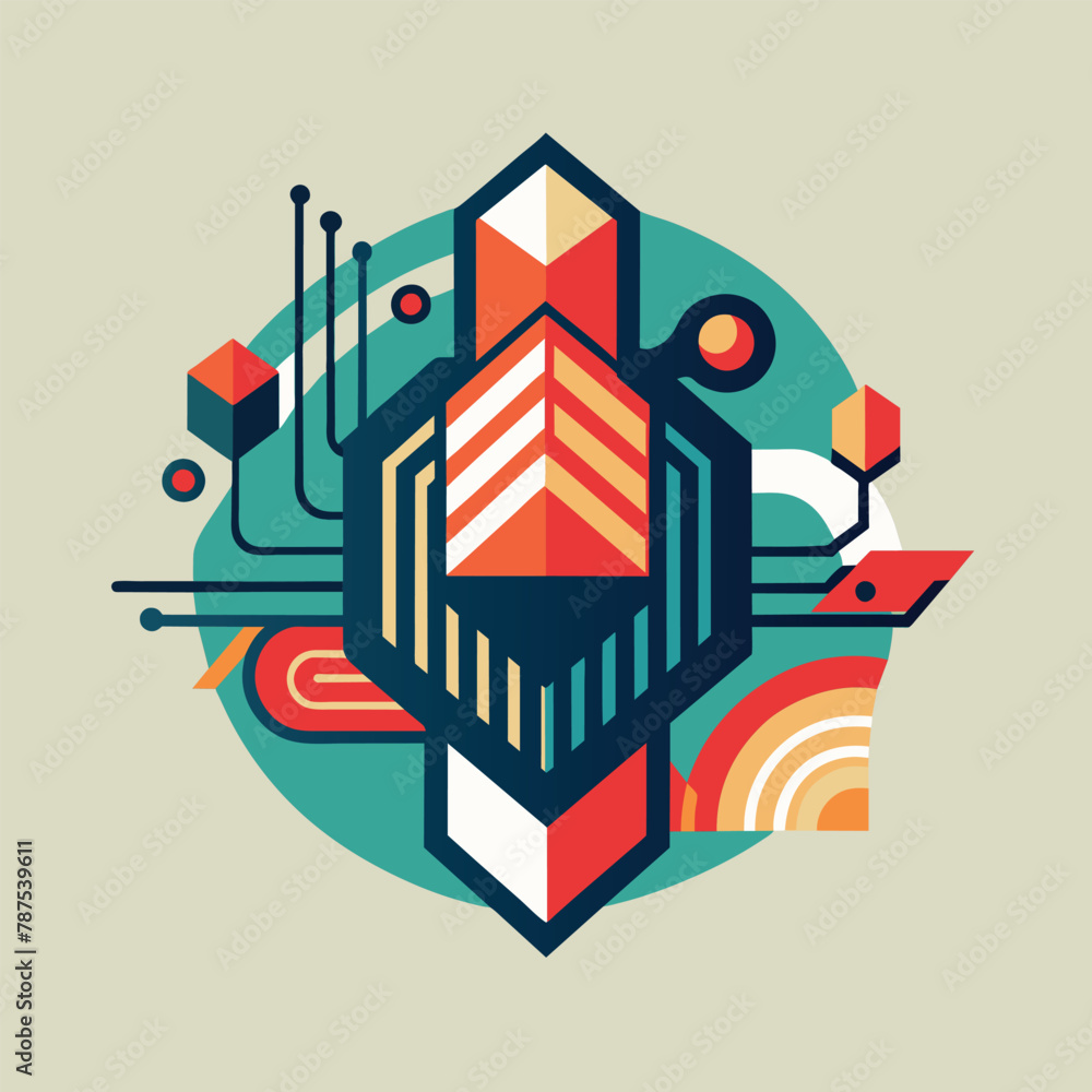 Poster stylized, abstract illustration featuring a complex geometric design with intricate patterns and sha