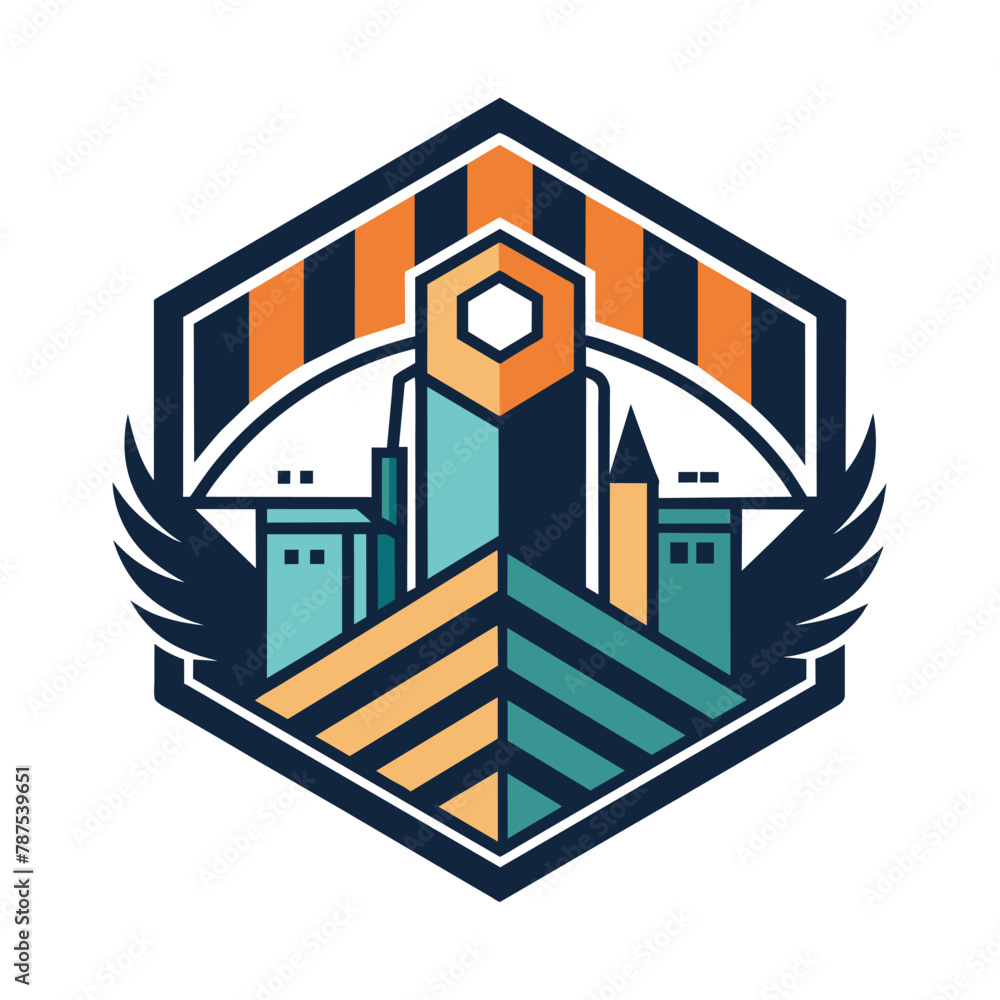 Poster stylized logo featuring a building with wings, symbolizing progress and innovation, an abstract desi