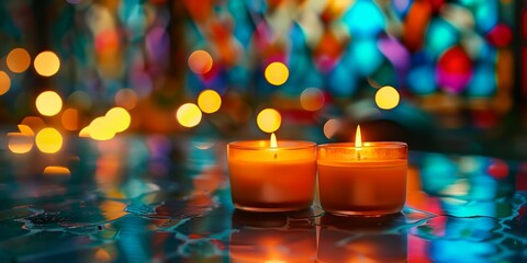 Candles on colorful stained glass window