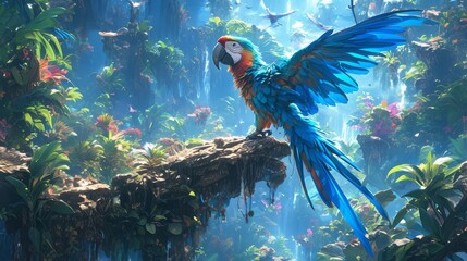 colorful parrot with colorful feathers on fantasy jungle background