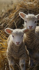 Obraz premium Little cute lambs looks out of the flock of sheep on a farm on a sunny day, eco farm concept.