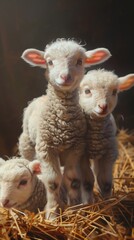Fototapeta premium Little cute lambs looks out of the flock of sheep on a farm on a sunny day, eco farm concept.