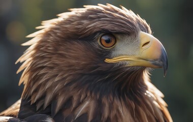 Close up of golden eagles head against mountain backdrop