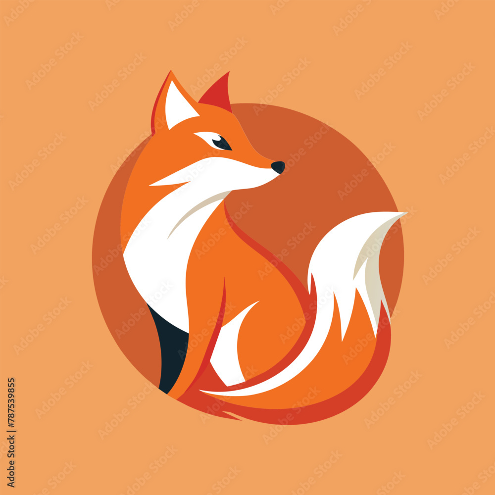 Poster a red fox is seated within a circle on an orange background, an abstract interpretation of a fox in 