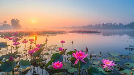 The serene beauty of a lotus pond at sunrise, shot using a polarizing filter to cut the glare on the water and enhance the vibrant colors of the flowers