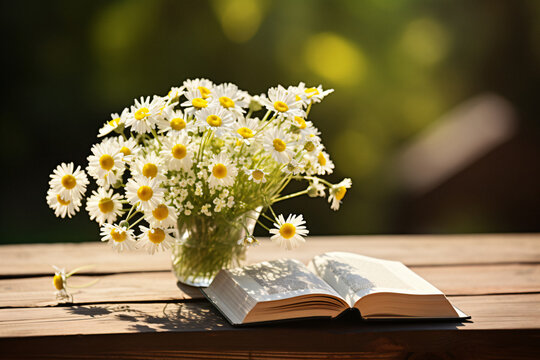 book sunny day, chamomile book, garden table, View Books, stack books