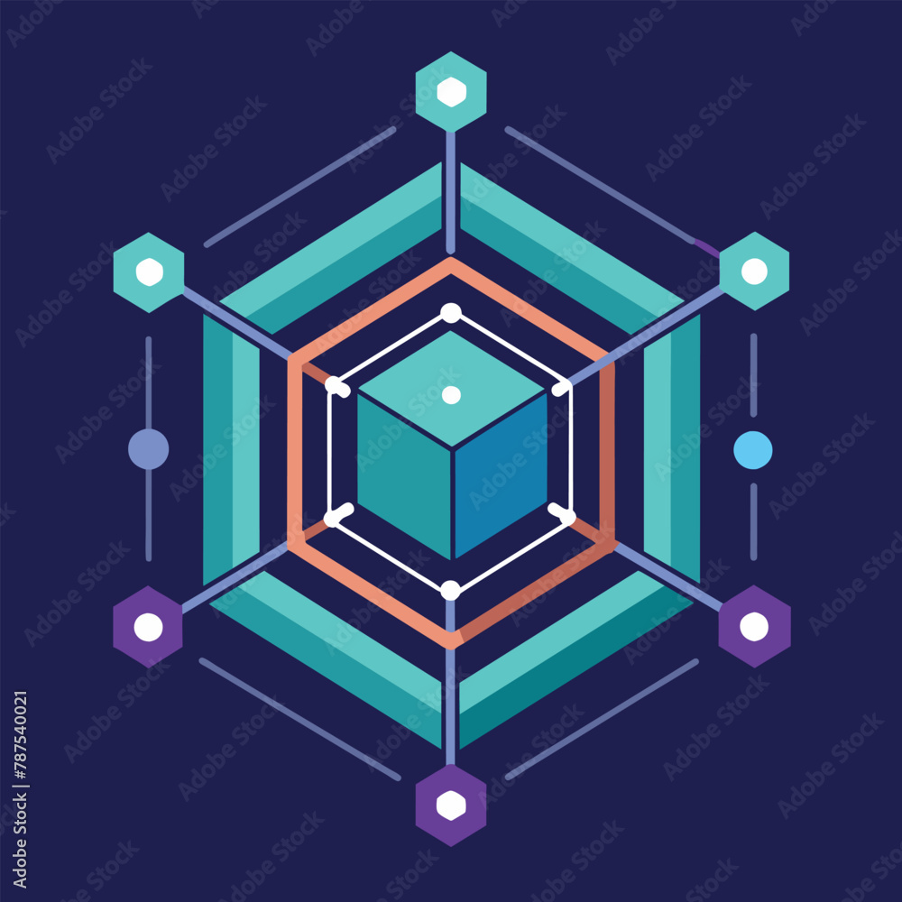 Poster abstract representation of blockchain technology in stylized geometric design with blue and orange s