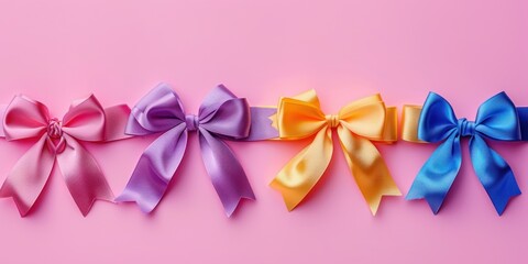 Rainbow Rows: A Colorful Display of Bows on Pink