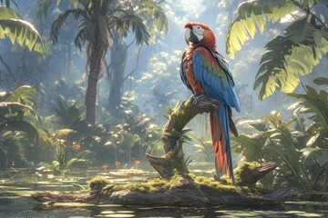 digital illustration of colorful parrot on jungle background - obrazy, fototapety, plakaty
