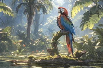Foto op Canvas digital illustration of colorful parrot on jungle background © Photo And Art Panda