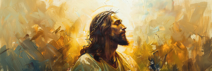 Jesus Christ in the rays of the sun. Horizontal banner.
 - obrazy, fototapety, plakaty