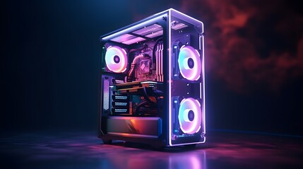 HD close-up of a gaming PC setup, emphasizing the isolated screen perfect for app or game mockups, presented in a stylish modern case with captivating RGB lights.