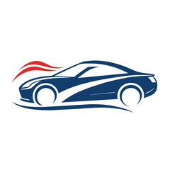 A blue car adorned with vibrant red and white stripes on a sunny day, A simple and elegant logo utilizing negative space to create a car shape