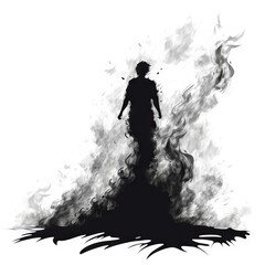 Male figure engulfed in magic flames and fire. Silhouette of a man with fiery and smoky aura isolated on a white backdrop. Concept of power, inner strength, struggle, abstract art