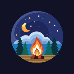 A campfire burns brightly, casting a warm glow under a full moon in the night sky, A simple image of a campfire under a starry night sky, minimalist simple modern vector logo design