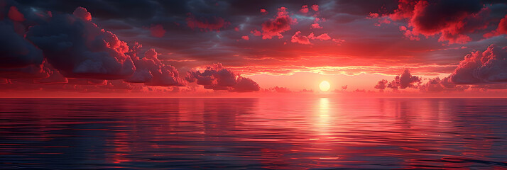 Vibrant Red Sunset with Psychic Waves and Tranquil Island - obrazy, fototapety, plakaty