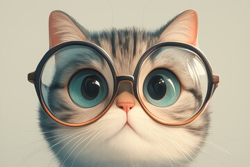 An illustration of a cute cat with colorful glasses on a white background, digital art in the style of pop surrealism. 