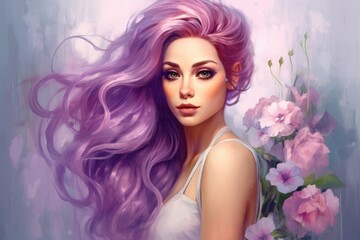 Naklejka premium Serene woman with purple wavy hair and beautiful eyes. Portrait of romantic lady. Concept of feminine beauty, pastel portraiture, subtle elegance, delicate aesthetic. Oil painting style art