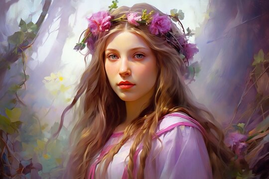 Girl in Ukrainian national costume with a flower crown. Ukrainian maiden with traditional floral headdress. Concept of ethnic dress, cultural identity, and folklore. Oil painting style