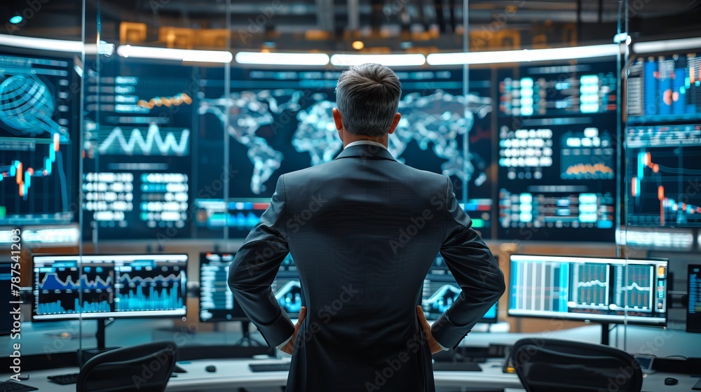 Poster businessman overlooking data analytics on global markets. commanding presence in a high-tech monitor