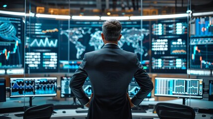Businessman overlooking data analytics on global markets. Commanding presence in a high-tech monitoring room. Concept of international finance, market strategy, and executive decision-making.