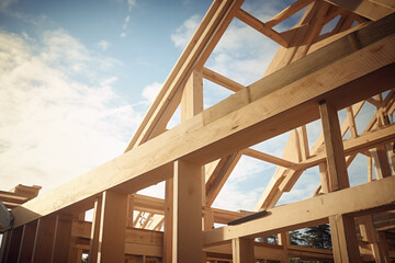 Construction wooden house, Wooden framework, building house, residential construction home, blue sky,