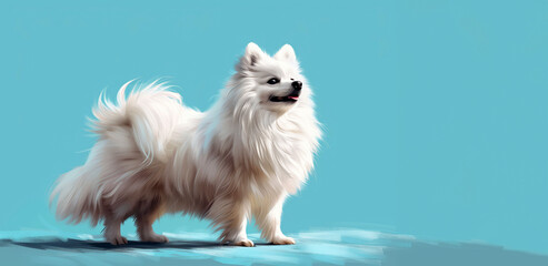 A noble stance, the spitz's fur ruffles in the gentle embrace of a blue world - obrazy, fototapety, plakaty
