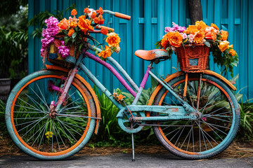 A bicycle with a basket full of flowers on it.