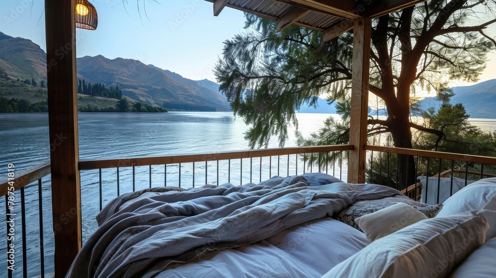 Poster a private balcony overlooking a serene lake with the gentle lapping of waves creating a peaceful sle