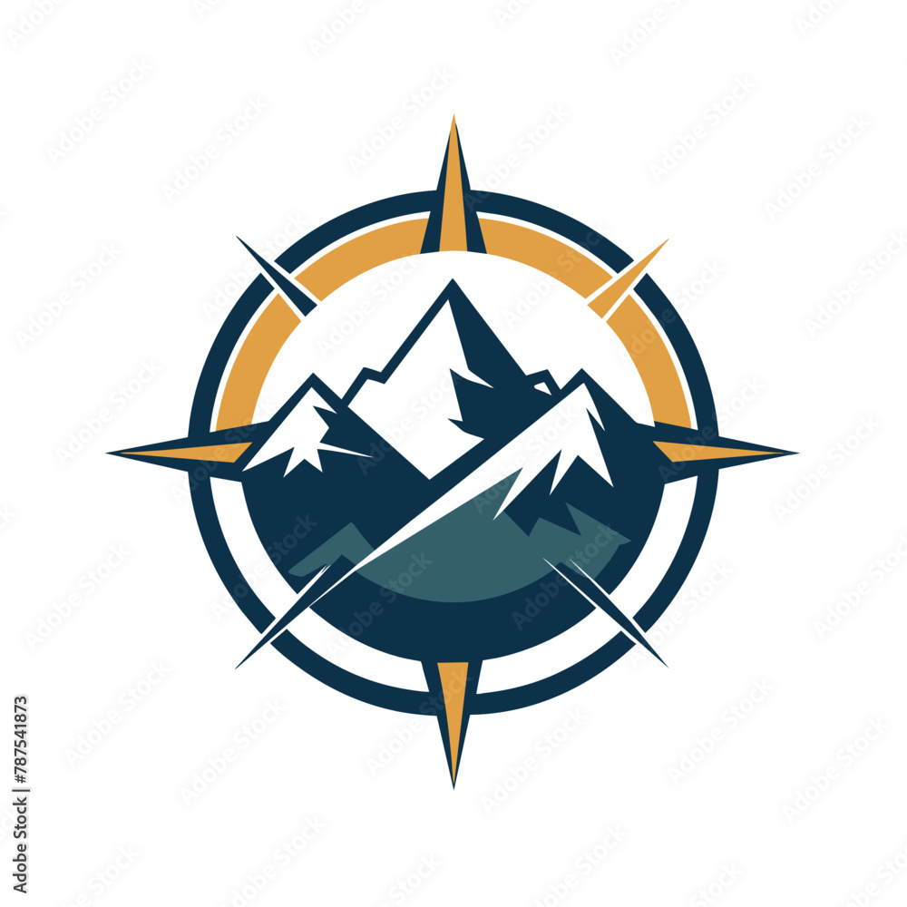 Poster A compass placed in front of a backdrop of majestic mountains under a clear sky, A sleek logo with a minimalist mountain range and compass symbol