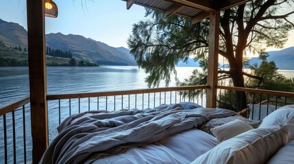 A private balcony overlooking a serene lake with the gentle lapping of waves creating a peaceful sleep soundtrack. 2d flat cartoon.