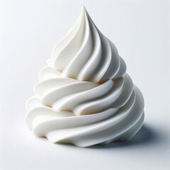 The image showcases a swirl of glossy white soft serve ice cream with smooth and elegant peaks. The ice cream texture looks creamy and extremely soft. This is contrasted idyllically against a cle...