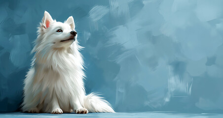 A white spitz's poise is a stark contrast to the simplicity of the blue aura, copy space