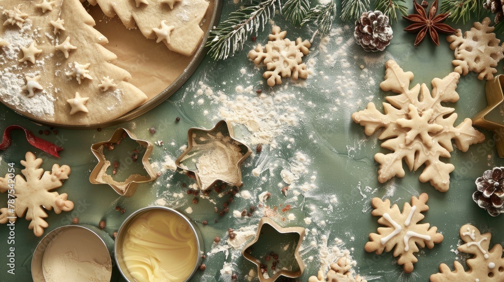 Poster creating festive christmas cookies unbaked dough and cutters displayed on a table top down view