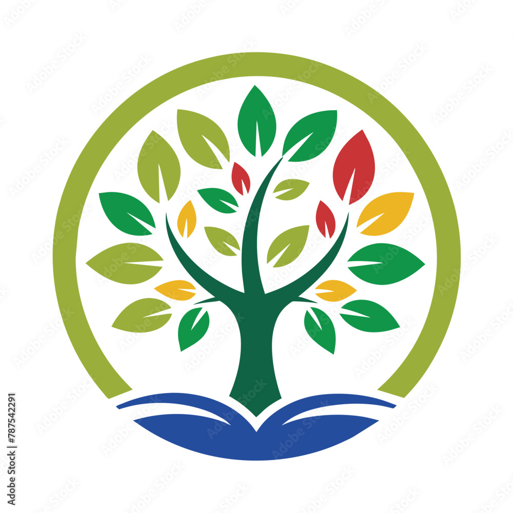 Poster a tree with green leaves growing around a book nestled within its branches, create a clean and under