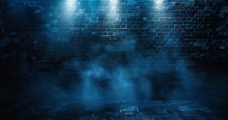 Dark background, brick wall with spotlight and fog, dark blue tones, mysterious atmosphere, empty stage for product presentation or concert poster Generative AI - obrazy, fototapety, plakaty