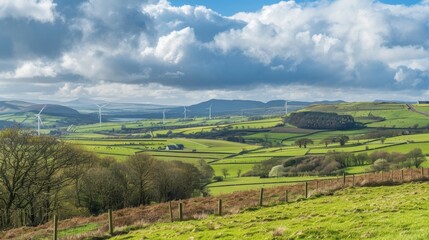 A landscape of rolling hills and fields is depicted with wind turbines in the distance promoting the use of wind energy as a sustainable and profitable means of income for rural communities. .